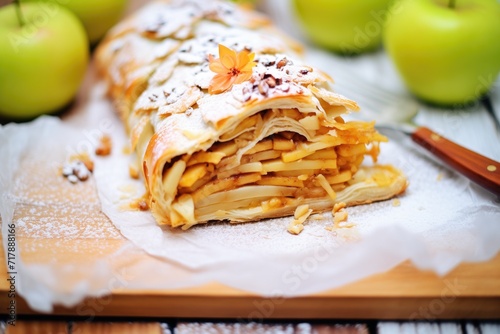 sliced apple strudel with oozy apple filling close-up
