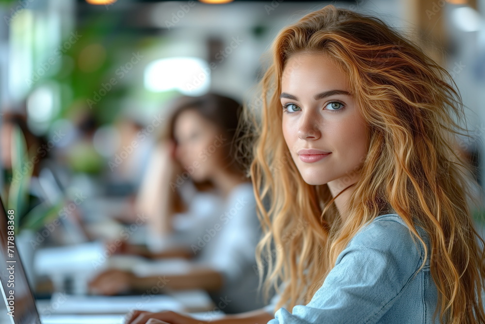 Portrait of a woman working on a computer in a modern bright and green Office. Blurred background. Generated AI. Portrait of a woman working on a computer in a modern bright and green Office. Blurred background. Generated AI.