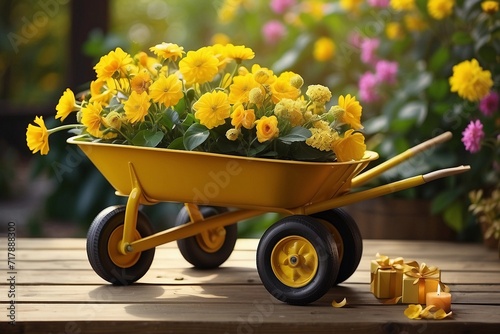 Decorative yellow garden wheelbarrow with fresh spring flowers and gifts.
 photo