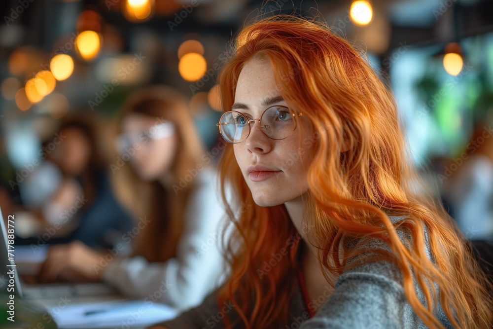 Portrait of a woman working on a computer in a modern bright and green Office. Blurred background. Generated AI. Portrait of a woman working on a computer in a modern bright and green Office. Blurred background. Generated AI.