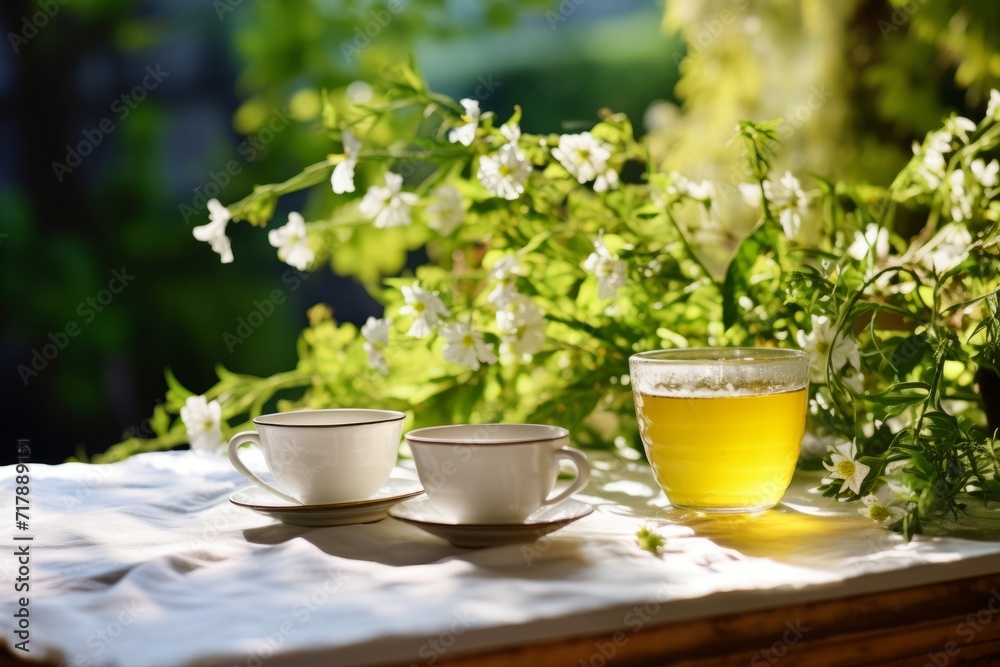 An inviting cup of antioxidant-rich white tea basking in the serene ambiance of a garden bathed in soft morning sun rays