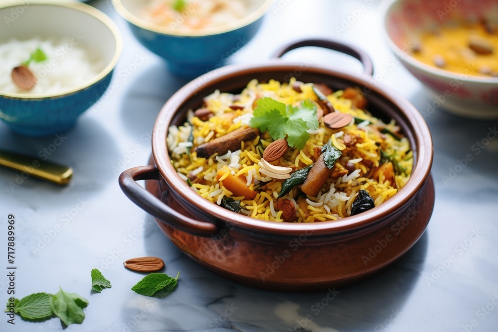 mushroom biryani with almonds in a ceramic dish