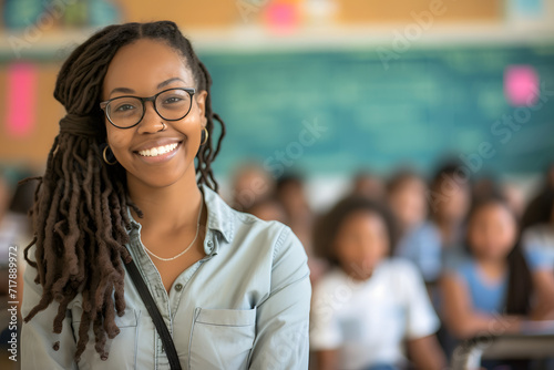 Portrait of black teacher smiling, female, students sitting in background learning photo