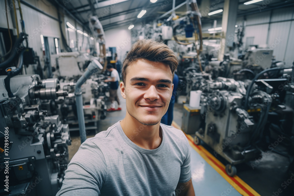 Ai generated image of smiling male factory engineer professional mechanic repairing machines