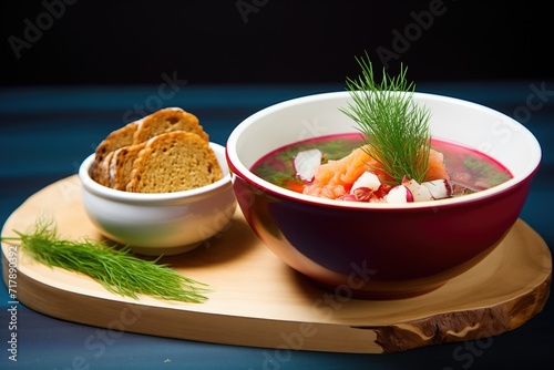 bowl of borscht with a side of garlic pumpernickel bread on a slate surface photo