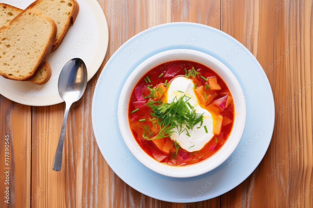overhead shot of traditional borscht with a dollop of sour cream and bread overhead shot of traditional borscht with a dollop of sour cream and bread