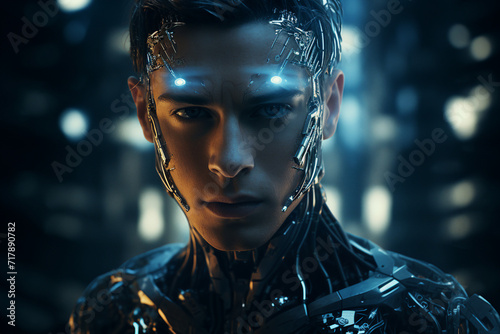 Portrait of a futuristic high tech man from the future virtual reality and cyberpunk generative AI concept photo