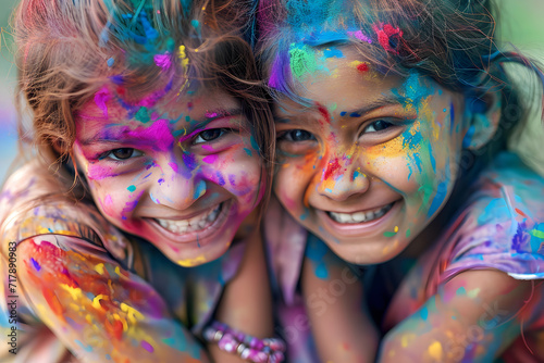 Holi celebration concept - children covered in holi colored powders