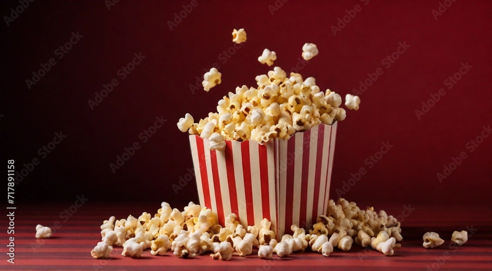 Delicious popcorn spilled from a red striped cardboard box on a dark red background with copy space Delicious popcorn spilled from a red striped cardboard box on a dark red background with copy space