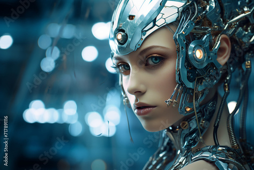 Futuristic female cyborg high tech smart innovated robot from the future designed with generative AI