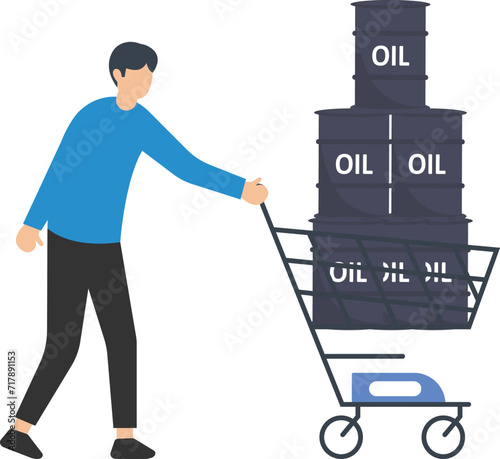 Crude oil investment, buy oil stock to make profit, fuel, power or energy company concept, businessman investor buying crude oil gallon in shopping cart trolley.

