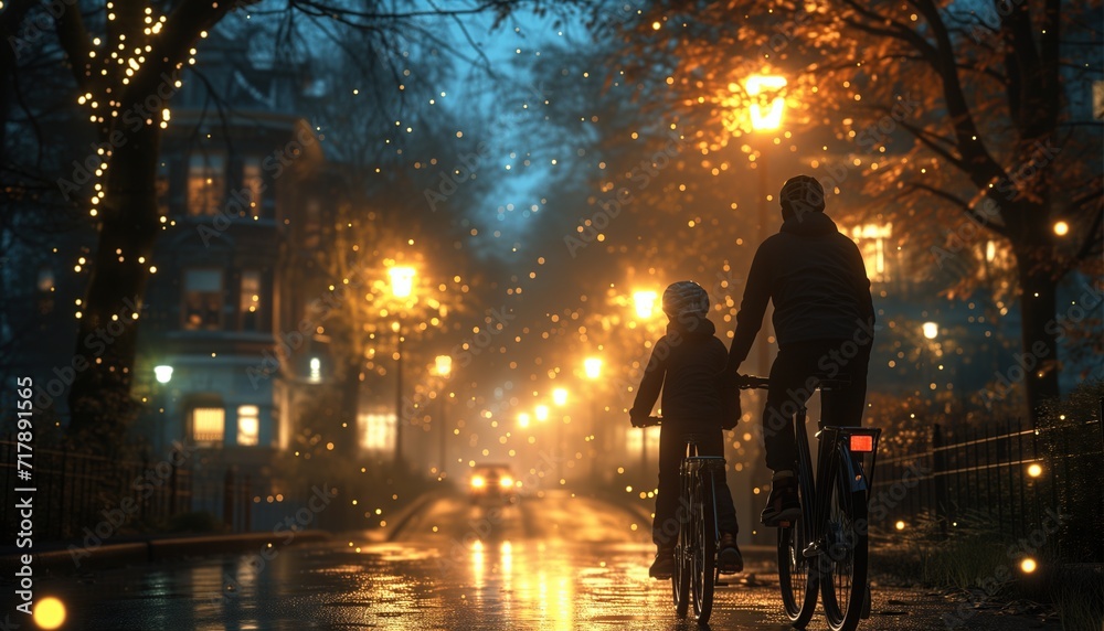 Bicicleta en la puesta de sol de verano en el camino de baldosas en el parque de la ciudad.concepto de la familia, el ocio y la gente. - obrazy, fototapety, plakaty 
