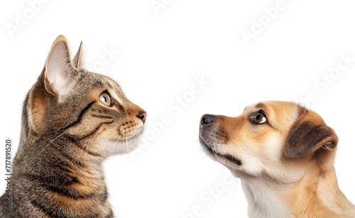 Cat and dog looking up, isolated on white background.