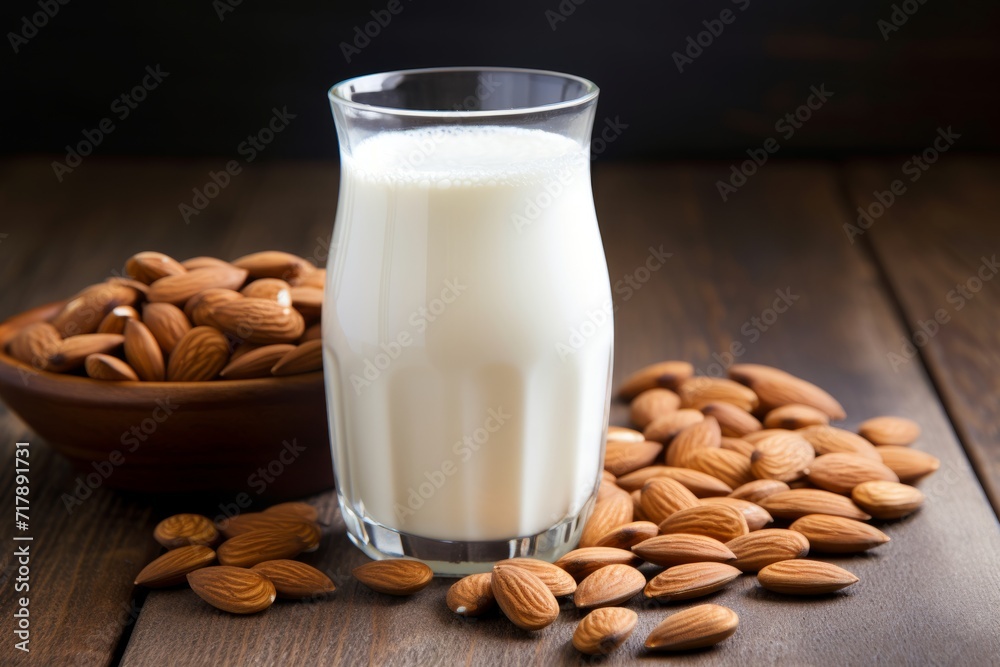 The morning sun illuminates a glass of refreshing Vanilla Almond Milk on a rustic table with scattered ingredients The morning sun illuminates a glass of refreshing Vanilla Almond Milk on a rustic table with scattered ingredients