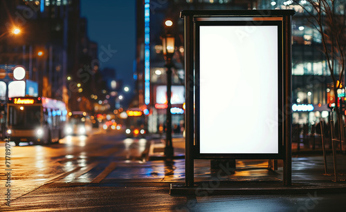 City Night Lights: Blank Vertical Digital Billboard Poster Mockup at Bus Stop, Urban Showcase for Advertisement and Marketing