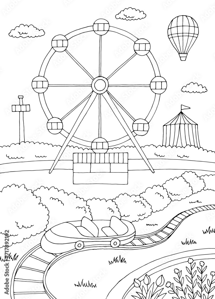 Amusement park landscape graphic black white vertical sketch illustration vector 