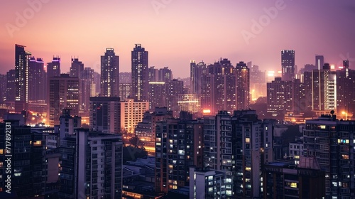 A cityscape at dusk  with lights starting to illuminate the buildings  representing urban development stories