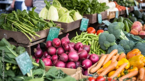 A vibrant photo of a farmer's market with fresh produce, representing sustainability or local food movements