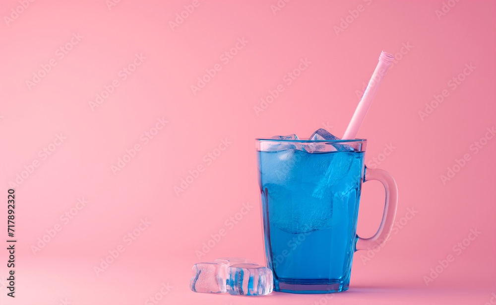 Cup with blue drink, pink background. Minimal style.