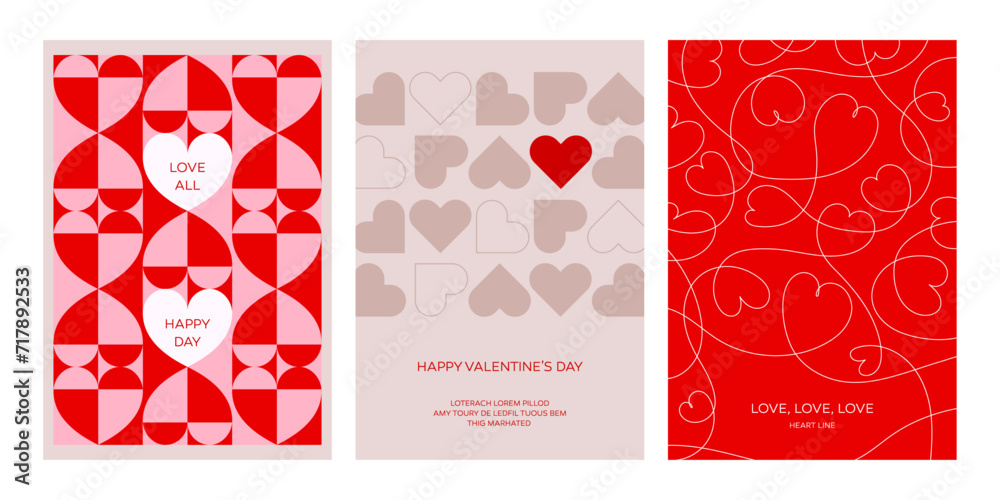 © KKK - Heart shape poster set postcards love pattern line graphic design holiday valentine date couple beautiful present minimal simple lovely abstract template flyer cover red pink decoration paper artwork