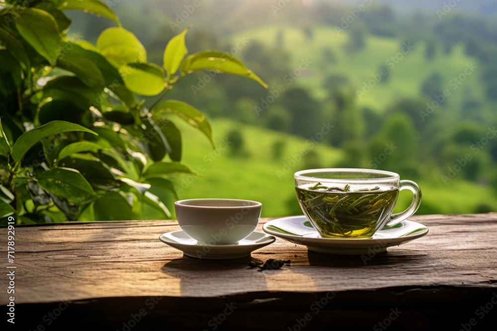 Experience serenity with a steaming cup of traditional Uva Tea (Ceylon Tea) set against a backdrop of lush tea plantation Experience serenity with a steaming cup of traditional Uva Tea (Ceylon Tea) set against a backdrop of lush tea plantation