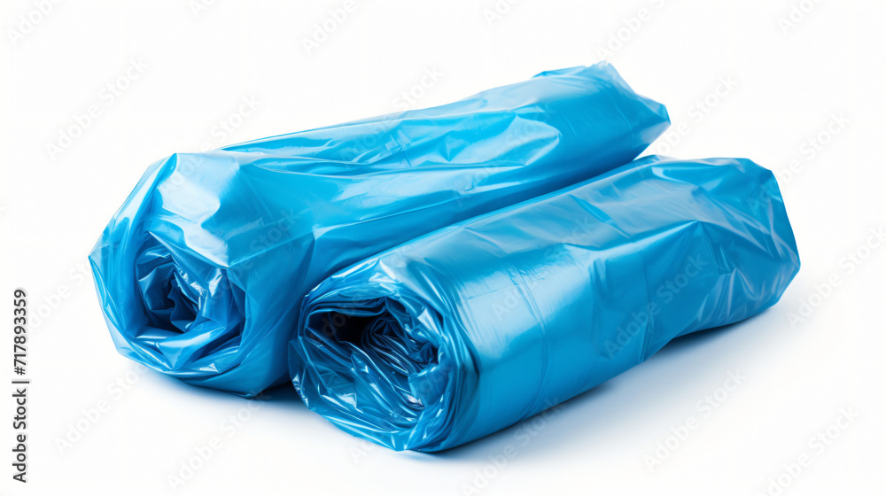 Blue roll of plastic garbage bags isolated on white background