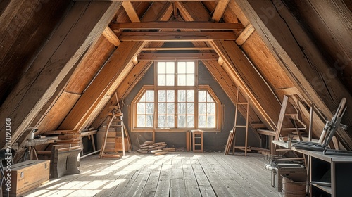 The attic of the loft with wooden beams and tools. Generative AI. photo