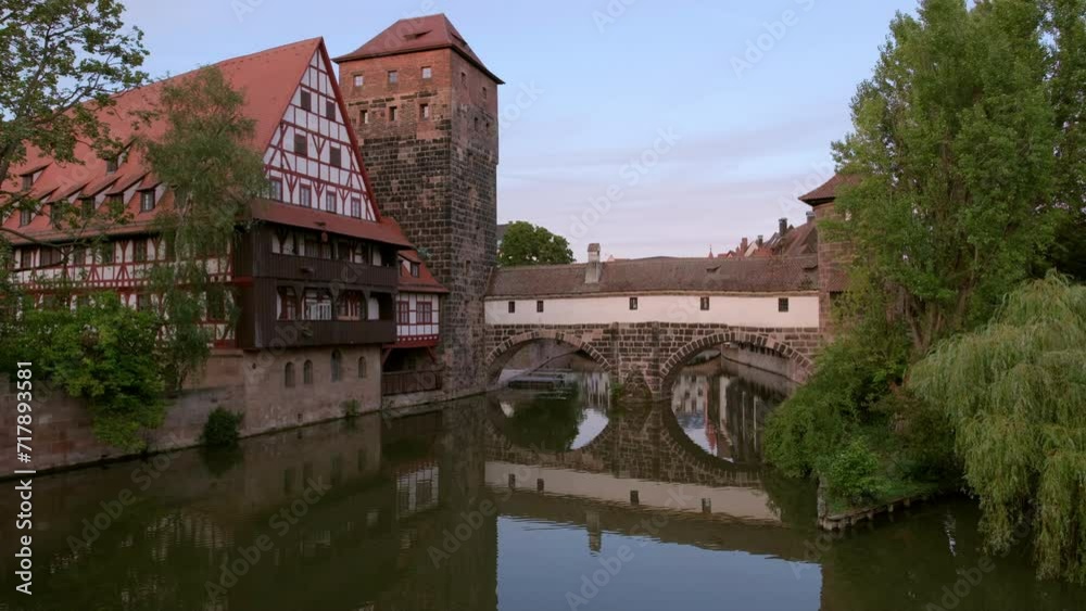 Beautiful static clip of Wasserturm in Nuremberg on a still, summer evening. Taken from Maxbrucke