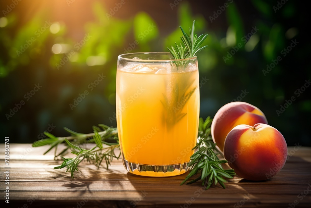 Natural and Nutritious Peach Thyme Juice Bathed in the Gentle Light of Dawn Natural and Nutritious Peach Thyme Juice Bathed in the Gentle Light of Dawn
