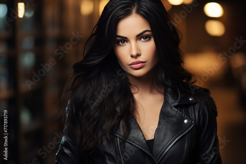 Portrait of young brunette woman with long hair in a black leather jacket on dark background © Anzhela