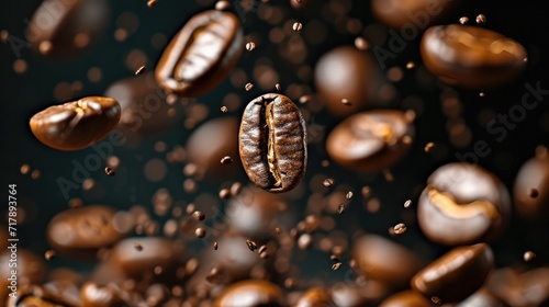 Brown roasted coffee beans falling and flying on black background. Generative AI.