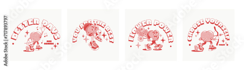 Set of trendy retro posters with walking funny cute Heart comic characters self love concept. Lettering illustration for t-shirt print. Monochrome red colors,  halftone dot effect