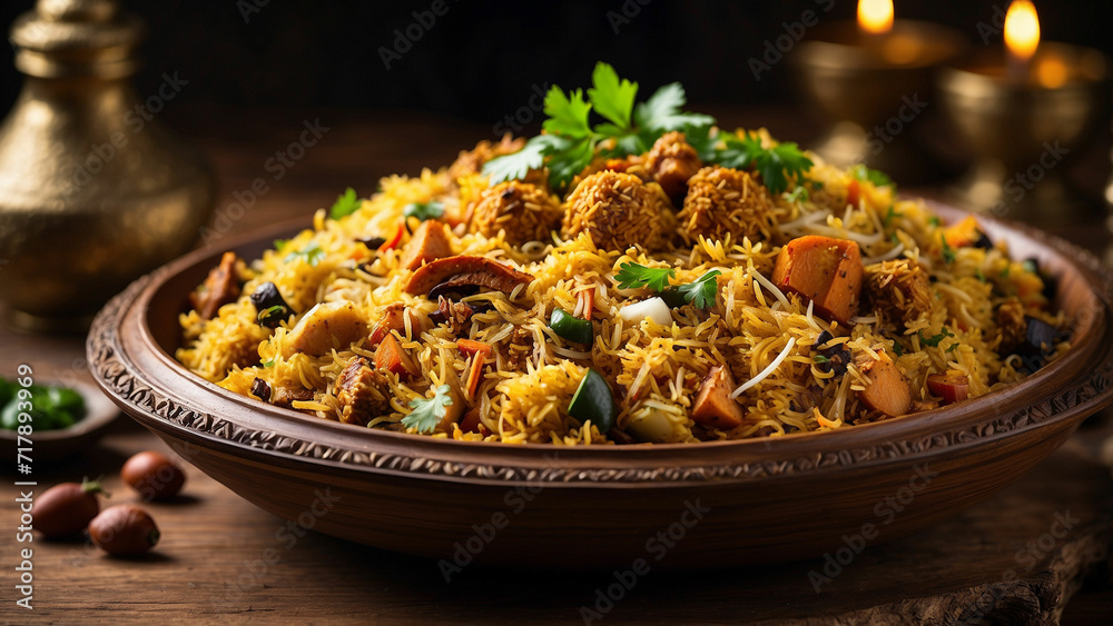 veg biryani served on a traditional plate, viewed from the side, resting on a sturdy wooden table the cultural significance of the presentation, showcasing the connection between the dish, the plate, veg biryani served on a traditional plate, viewed from the side, resting on a sturdy wooden table the cultural significance of the presentation, showcasing the connection between the dish, the plate,