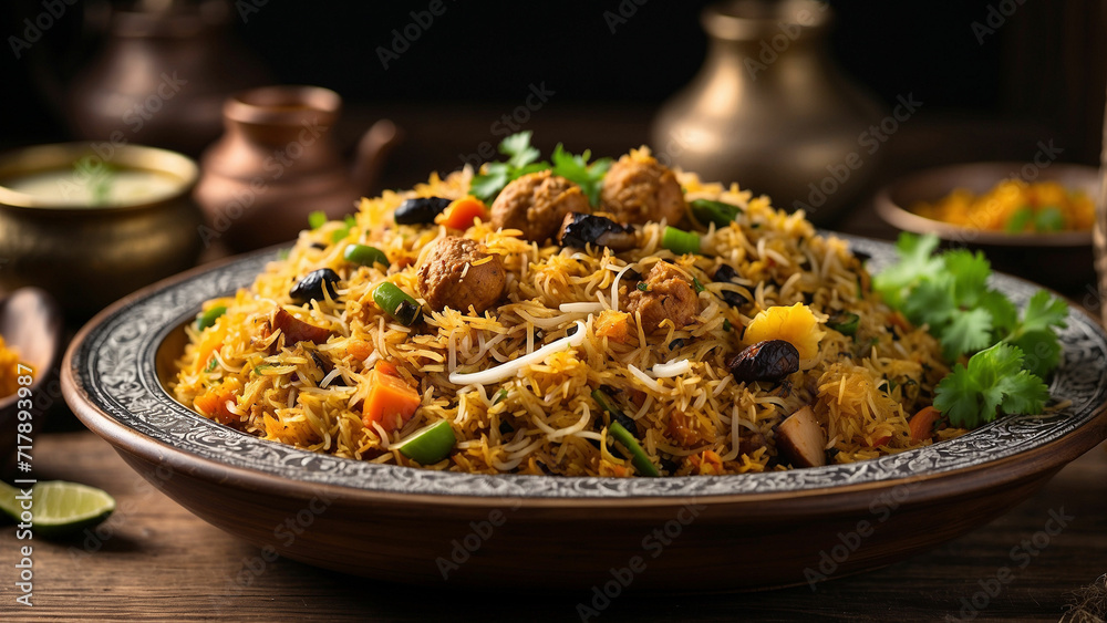 veg biryani served on a traditional plate, viewed from the side, resting on a sturdy wooden table the cultural significance of the presentation, showcasing the connection between the dish, the plate, veg biryani served on a traditional plate, viewed from the side, resting on a sturdy wooden table the cultural significance of the presentation, showcasing the connection between the dish, the plate,
