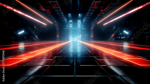 Illuminate the Silence Captivating 3D Rendering Empty Stage Enveloped by Neon Lines in the Abyss Darkness,Crafting Ambient Spectacle Futuristic Elegance, Visual Brilliance