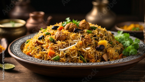 veg biryani served on a traditional plate, viewed from the side, resting on a sturdy wooden table the cultural significance of the presentation, showcasing the connection between the dish, the plate, 