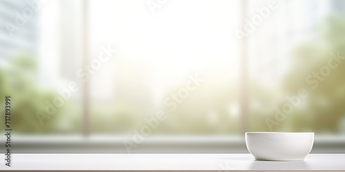 Suitable for showcasing products and business, white table with blurred room background.