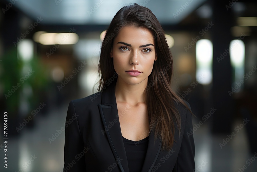 Young woman realtor with dark hair in business black suit, female entrepreneur, Closeup, Front view Young woman realtor with dark hair in business black suit, female entrepreneur, Closeup, Front view
