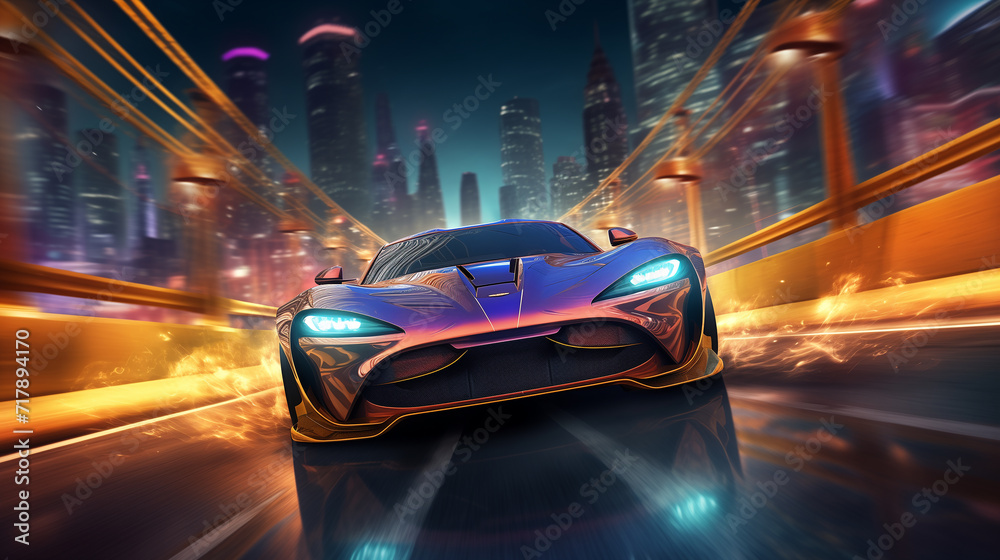 Futuristic Sports Car On Neon Highway. Powerful acceleration of a supercar on a night track with colorful lights and trails