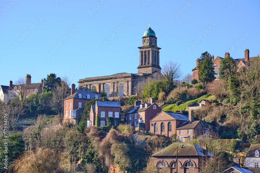 Bridgnorth high town in Shropshire, UK, with the church of St Mary Magdalene breaking the skyline.