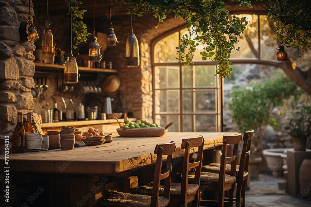 a rustic kitchen with a table and chairs