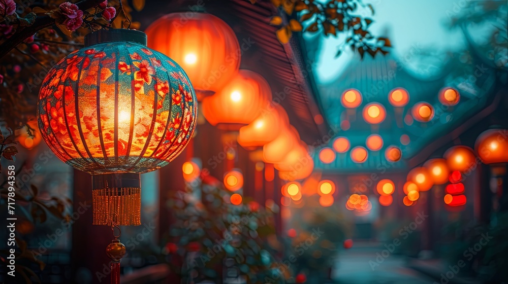Orange lanterns on the streets of China.