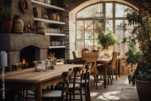 dinning room with a fireplace and tables