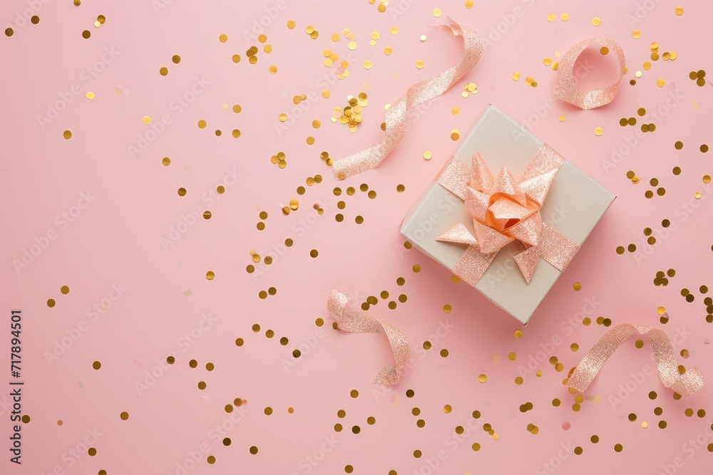 Valentine's day Top view of hands holding a gift box with a gold ribbon on a soft pink background, adorned with scattered golden star confetti. Ai generate
