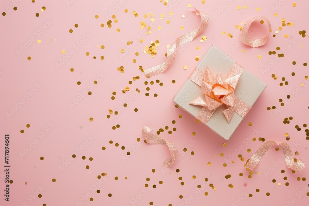 Valentine's day Top view of hands holding a gift box with a gold ribbon on a soft pink background, adorned with scattered golden star confetti. Ai generate Valentine's day Top view of hands holding a gift box with a gold ribbon on a soft pink background, adorned with scattered golden star confetti. Ai generate