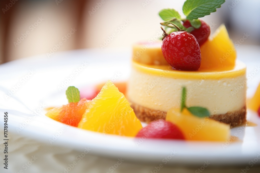 macro shot of cheesecake texture with fruit compote macro shot of cheesecake texture with fruit compote