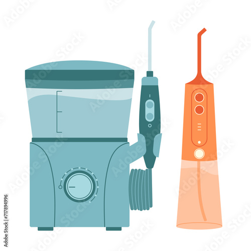 Cartoon dental water flosser. Oral irrigator. Flat vector illustration isolated on white background