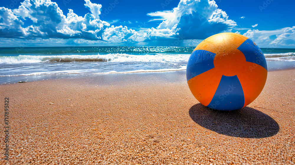 Obraz premium Summer Beach with Colorful Volleyball, Sandy Sea Landscape, Leisure and Vacation, Blue Sky and Water, Sport and Play, Tropical and Sunny Coast, Outdoor and Holiday Scene