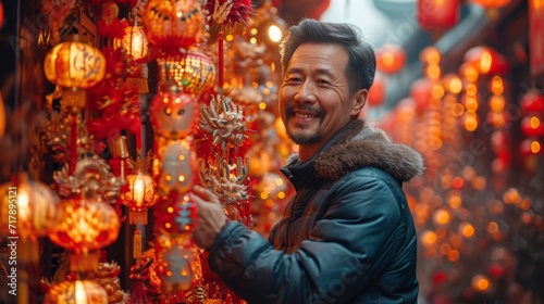 Handsome Asian man choosing chinese lanterns at the street market