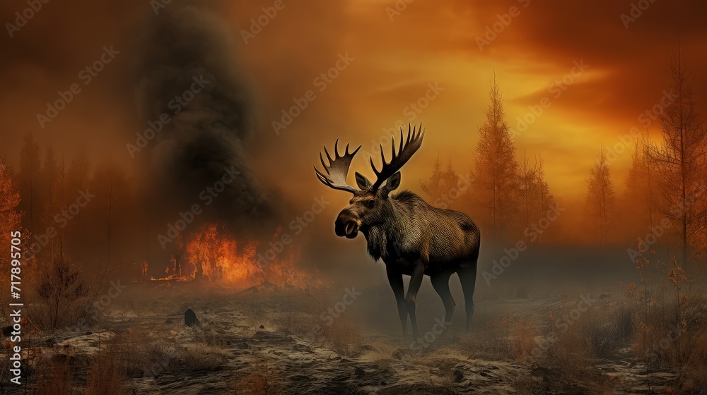 Obraz premium Against a backdrop of destruction, a moose stands tall